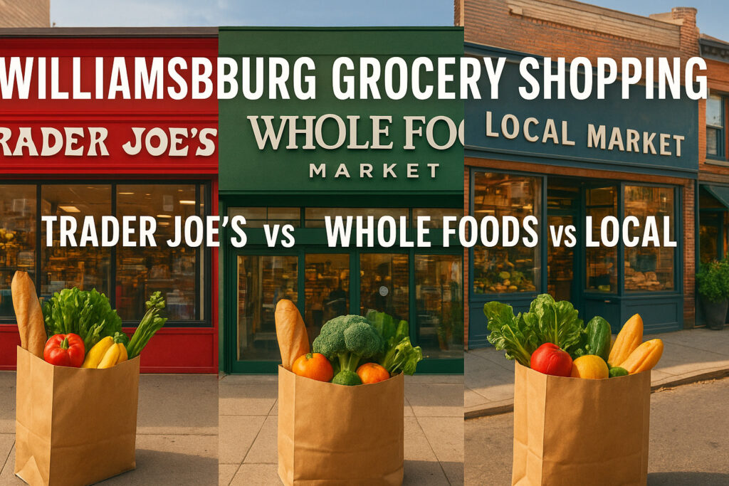 윌리엄스버그 장보기, Trader Joe’s, Whole Foods, 그리고 로컬 마켓 외관을 비교한 썸네일 이미지