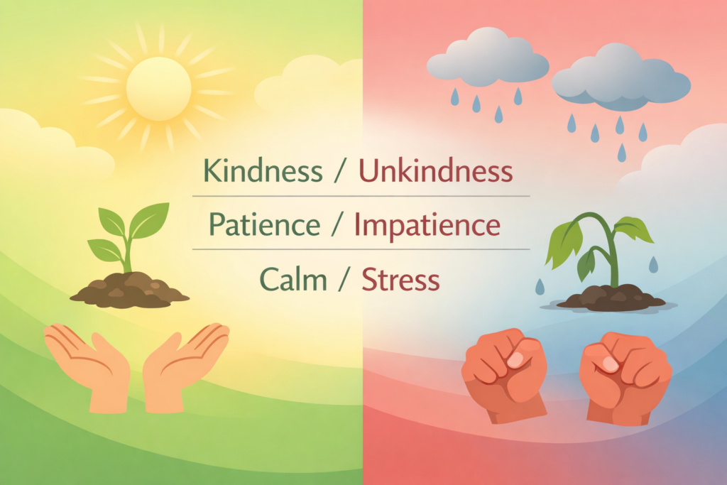 English 학습 블로그 썸네일 이미지. 좌측은 밝은 녹색과 노란색 배경으로 햇살, 자라는 식물, 열린 손이 긍정적 감정을 상징. 우측은 연한 빨강과 파랑 배경으로 구름, 시든 식물, 주먹이 부정적 감정을 상징. 중앙에 'Kindness / Unkindness', 'Patience / Impatience', 'Calm / Stress' 영어 단어 쌍이 배치됨.