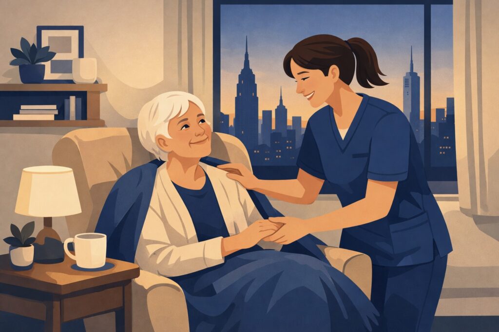 뉴욕 아파트 실내에서 노인이 편안히 앉아 있고, 간병인이 따뜻하게 돌보는 뉴욕 노인 홈케어 서비스 시니어 홈케어 일러스트. 창밖으로 맨해튼 스카이라인이 보이는 차분한 분위기.