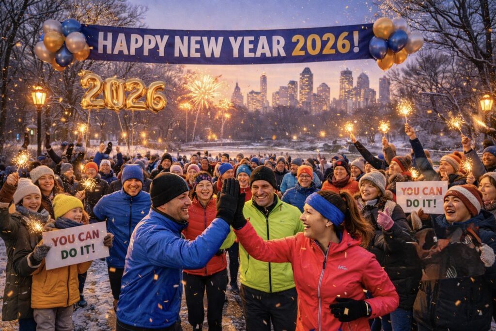 2026년 뉴욕 새해 달리기, 뉴욕 센트럴파크에서 참가자들이 겨울 복장으로 하이파이브하며 축하하는 모습