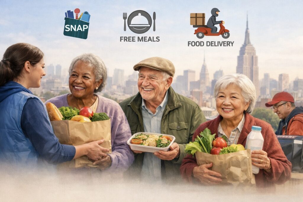 뉴욕 시니어 푸드 지원 프로그램 안내 이미지로, SNAP, 무료 급식, 배달 서비스를 통해 뉴욕의 다양한 시니어들이 건강한 식사와 식료품을 지원받는 모습