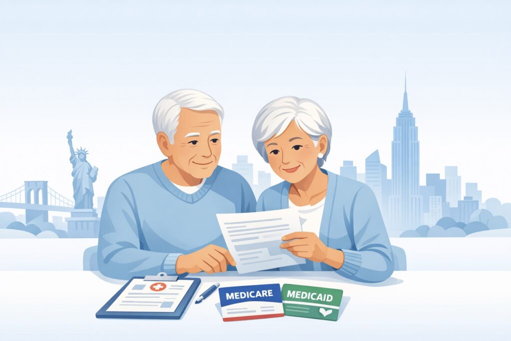 뉴욕 시니어 메디케어 메디케이드 신청 방법과 뉴욕을 배경으로 한 평온한 분위기의 현대적 의료 일러스트. 60~70대 시니어 부부가 테이블에 앉아 메디케어·메디케이드 서류를 검토하고 있으며, 부드러운 블루 계열의 색감과 뉴욕 스카이라인이 배경에 흐릿하게 나타난 장면.