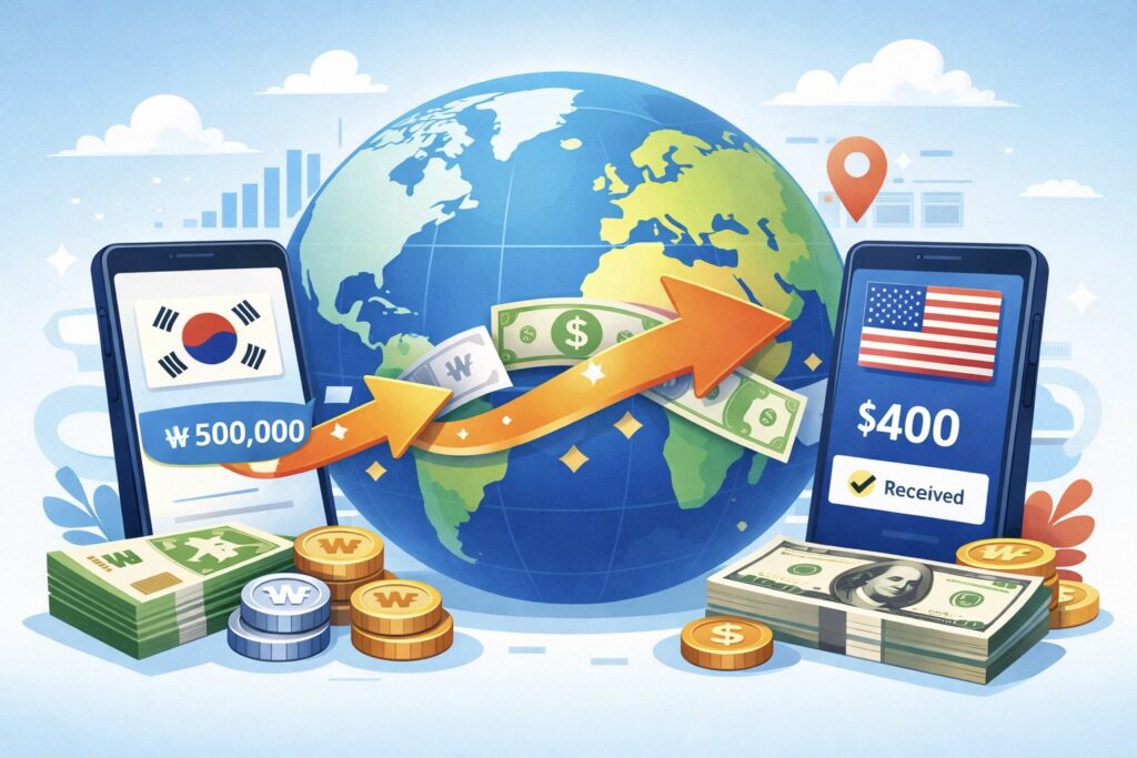 한국-미국 송금 앱 비교분석과 국제 송금을 주제로 한 디지털 일러스트로, 스마트폰 앱 화면, 달러(USD)와 원(KRW) 화폐, 지구 아이콘을 보여줍니다.