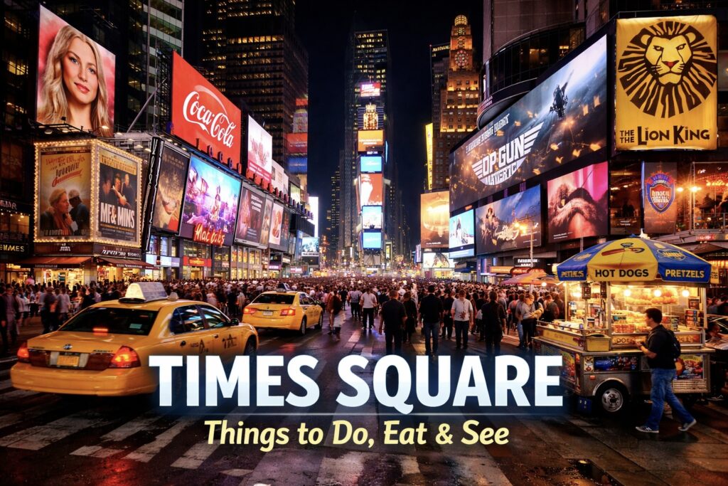 Times Square, New York City at night with neon billboards, busy streets, and yellow