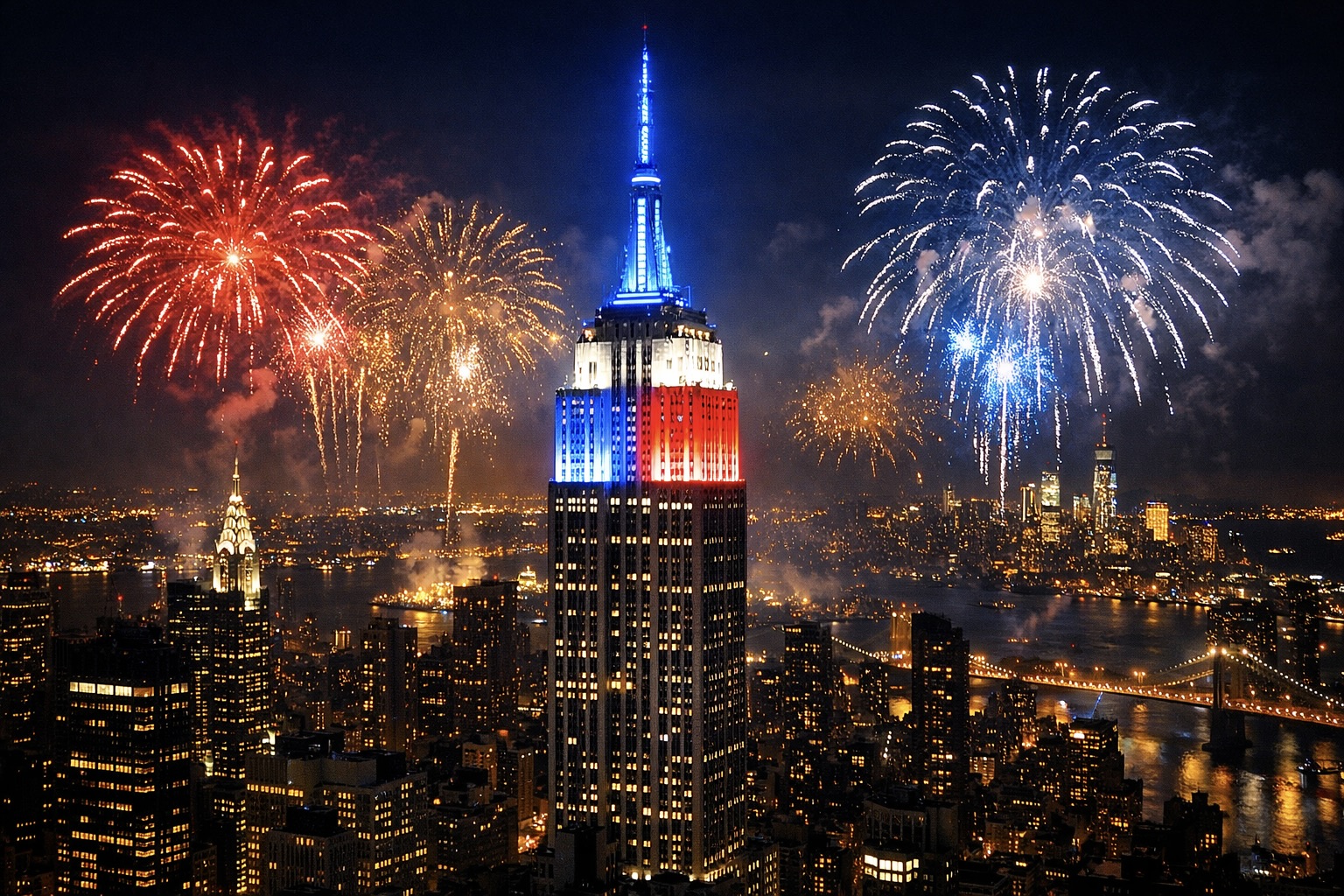 국경일의 뉴욕 야경과 불꽃놀이