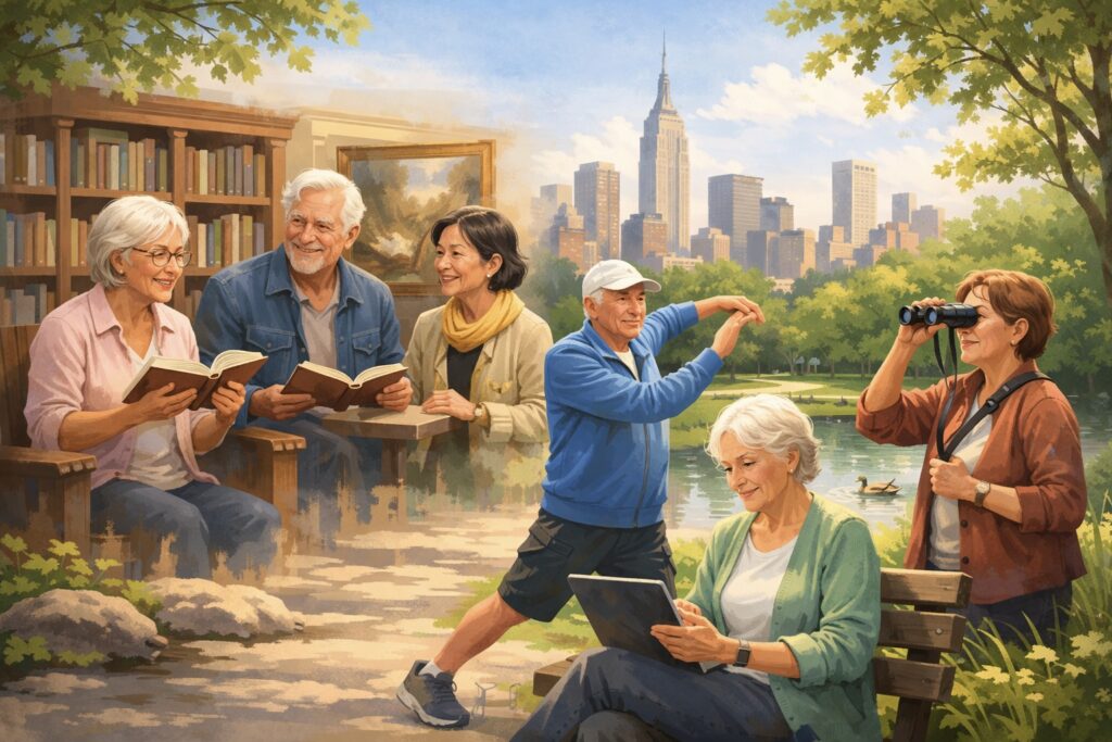뉴욕 시니어 교육 프로그램에 참여해서 도서관에서 책을 읽거나, 미술관 투어를 하고, 공원에서 가벼운 운동을 하거나, 노트북과 태블릿으로 디지털 학습을 하는 장면. 따뜻한 햇살과 현대적이고 친근한 분위기, 배경에는 도시와 공원이 보임.
