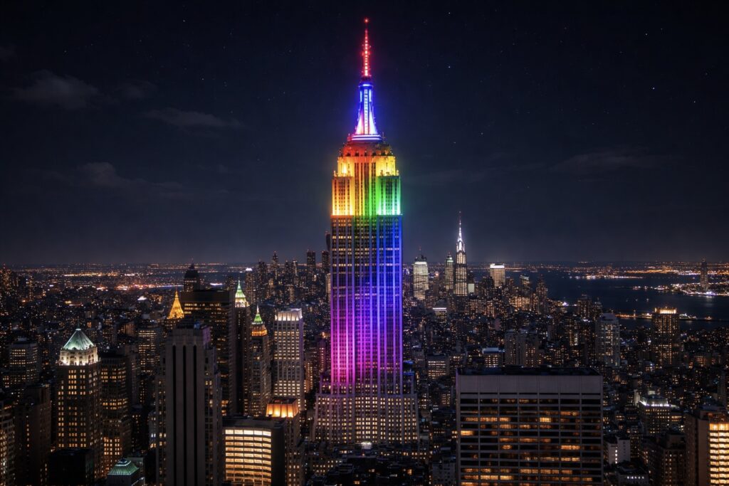 엠파이어 스테이트 빌딩 조명 색깔과의미, 밤하늘 아래 뉴욕 맨해튼 스카이라인을 배경으로 무지개 색 조명(빨강, 파랑, 초록, 보라, 분홍)으로 빛나는 엠파이어 스테이트 빌딩 전경, 와이드 앵글 야경 사진