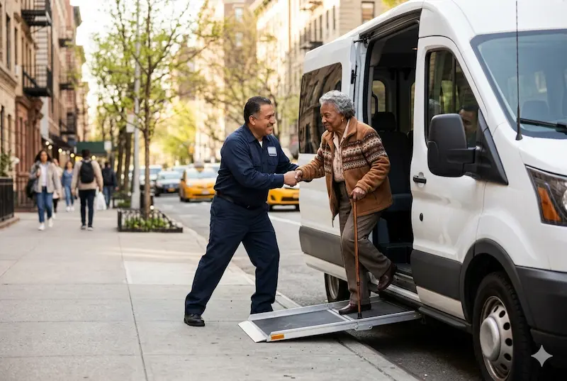 Access-A-Ride NYC Senior Transportation 2026 NYC senior transportation discounts 2026 — driver helping elderly woman board Access-A-Ride paratransit van