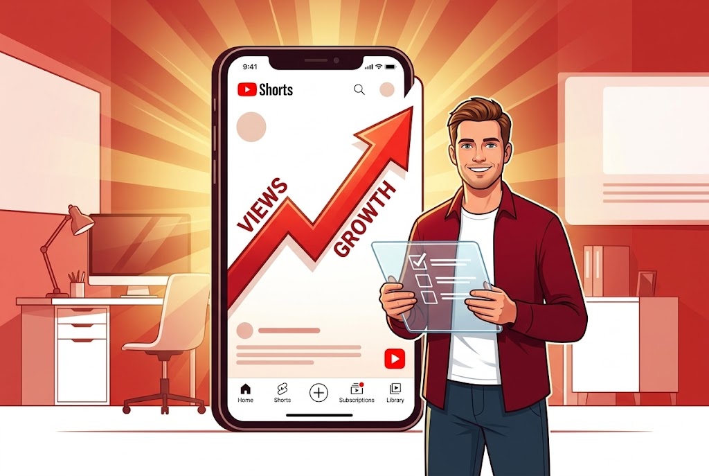 Basic Strategy Considering the YouTube Shorts Algorithm YouTube Shorts growth strategy concept with smartphone, rising analytics graphs and engagement icons
