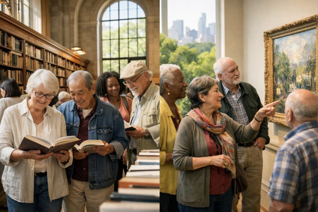 New York senior education programs — diverse older adults learning and exploring across NYC libraries, museums, and parks