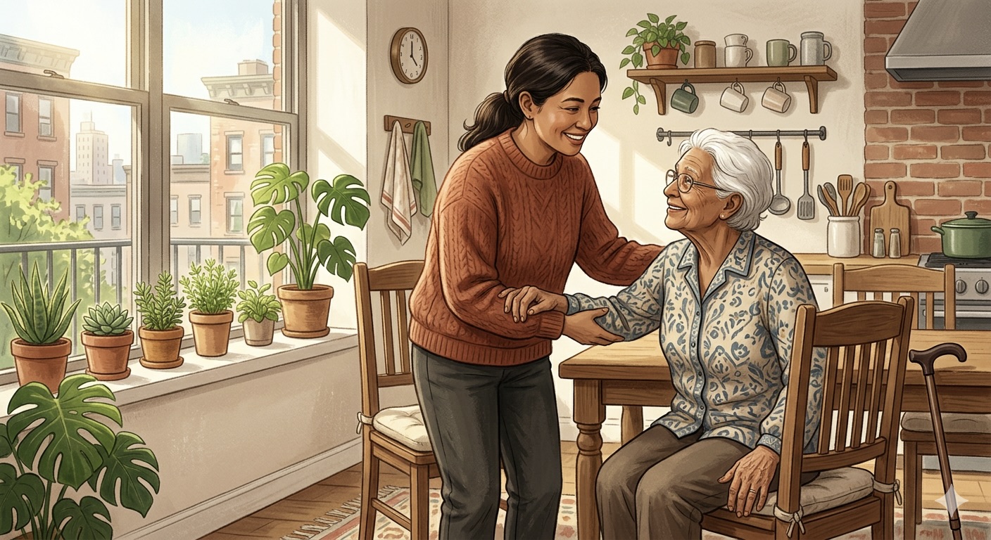 CDPAP caregiver helping elderly senior at home NYC home care services 2026