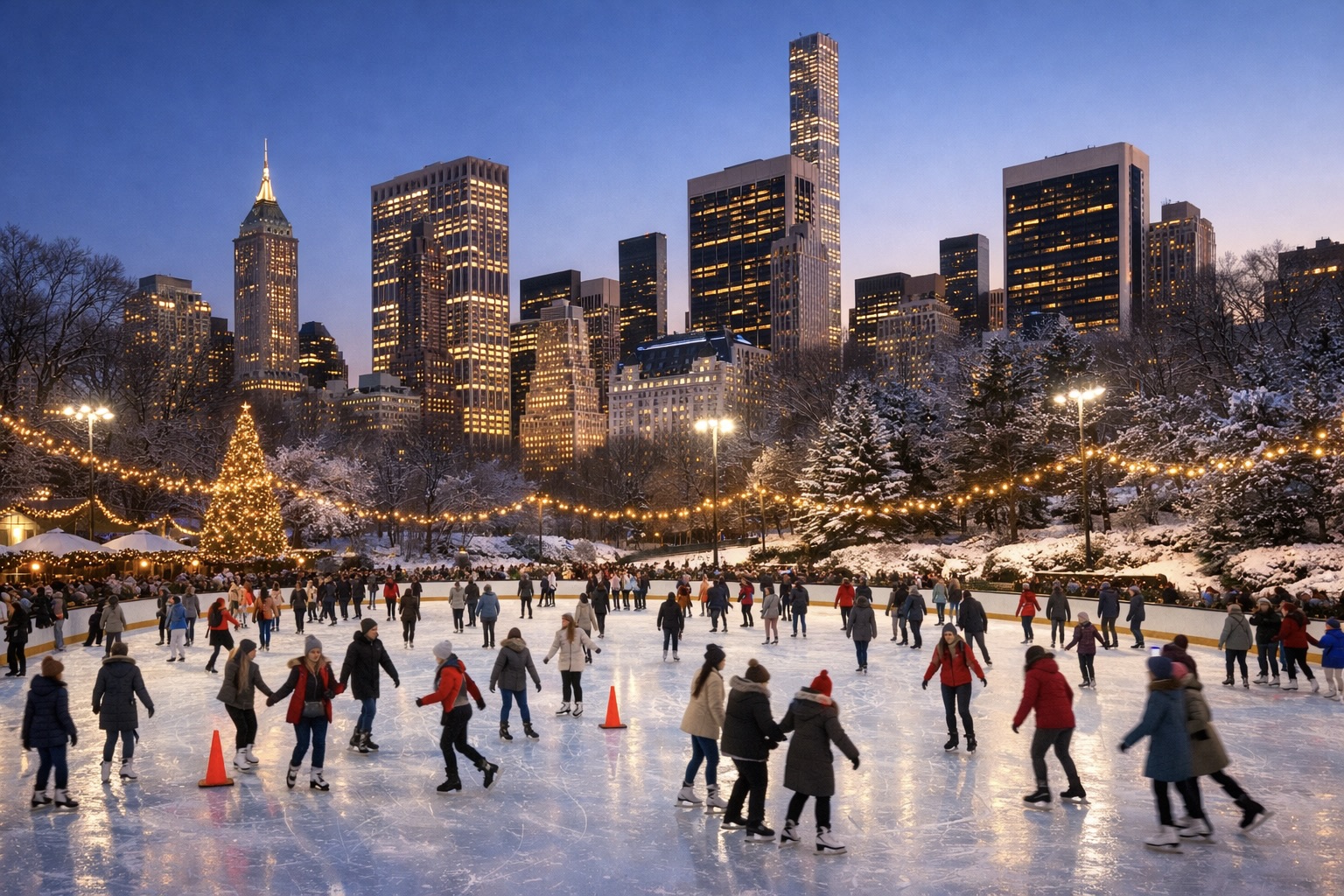 Central Park Wollman Rink Central Park Wollman Rink ice skating Manhattan skyline winter