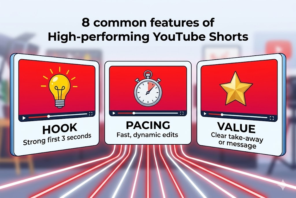 Common Features of High-Performing YouTube Shorts Common features of high-performing YouTube Shorts with rising views and engagement icons