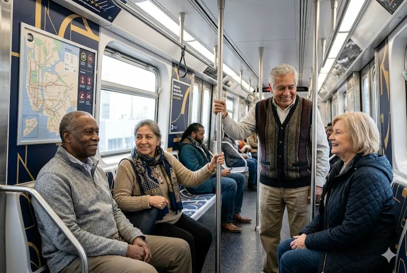 NYC Senior Transportation Discounts 2026 NYC senior transportation discounts 2026 — diverse elderly passengers on NYC subway