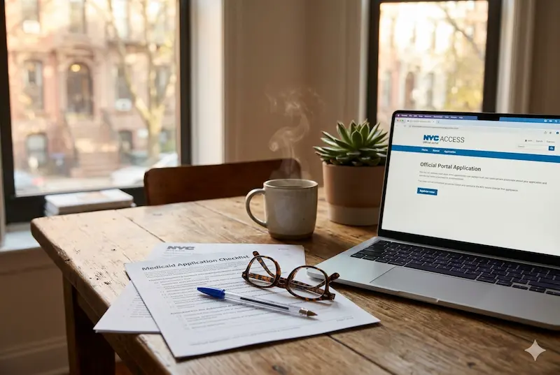NYC Senior Medicaid application preparation with a checklist and laptop at home