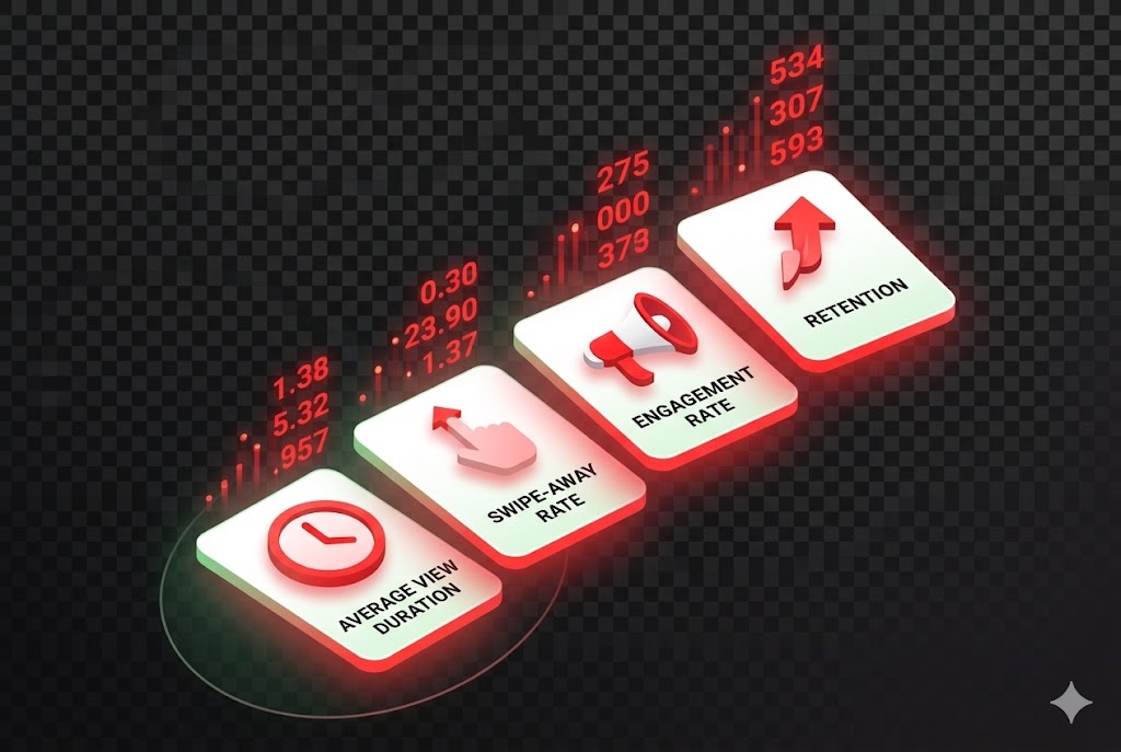 Key Algorithm Metrics for YouTube Shorts Beginners Key algorithm metrics for YouTube Shorts beginners showing views, watch time and engagement icons