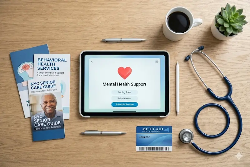 NYC Senior Medicaid behavioral health services tools on a modern medical desk