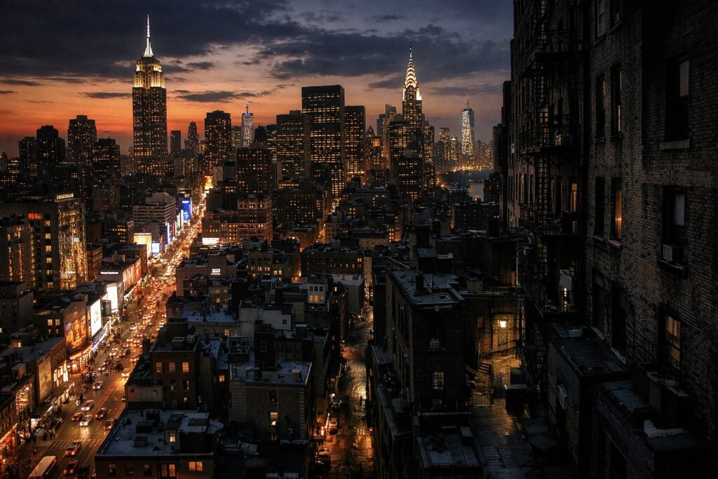 NYC safe vs dangerous neighborhoods map guide for tourists — Manhattan skyline at night