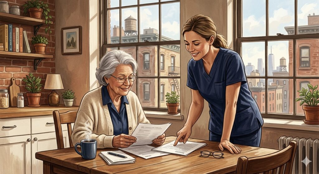 NYC senior home care services CDPAP 2026 — An elderly woman reviewing home care documents with a caregiver in a New York apartment.