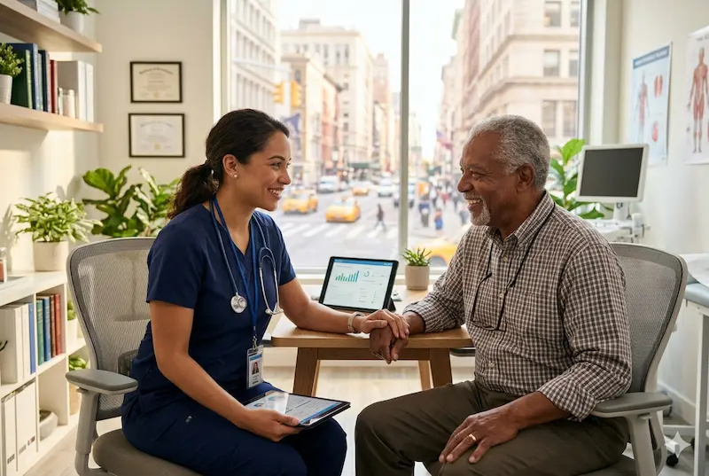 NYC Senior Medicaid mental health resources explained by a compassionate healthcare professional to an elderly resident.
