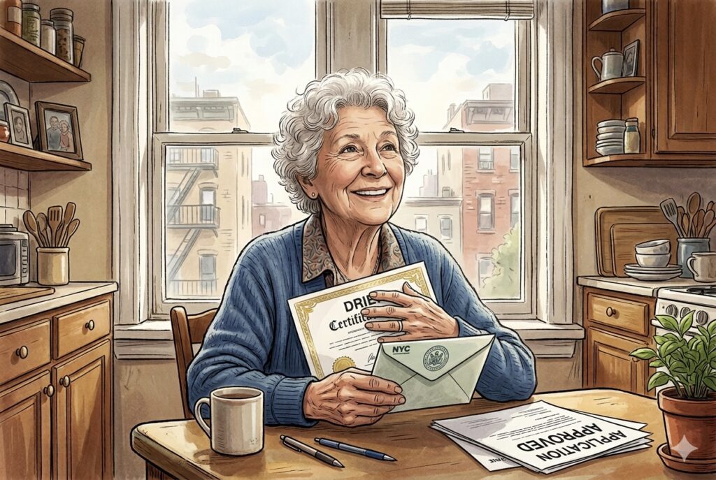 NYC senior rent freeze guide SCRIE DRIE — A senior woman smiling at her kitchen table in a New York apartment, holding an approved DRIE certificate and NYC envelope