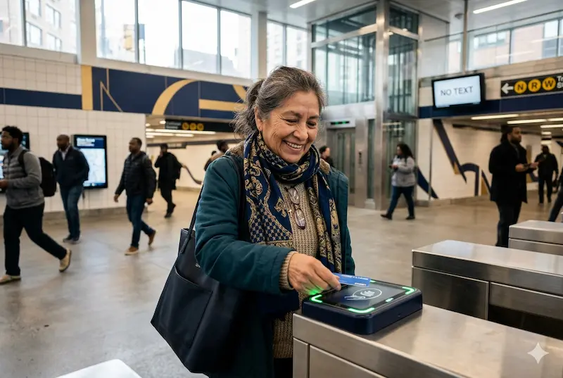 NYC senior transportation discounts 2026 — woman tapping OMNY card at subway turnstile