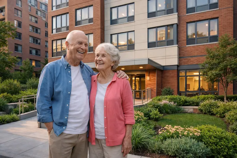 NYC senior apartments low income 2026– elderly couple smiling in front of affordable apartment building in New York City