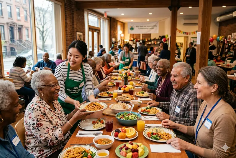 Diverse group of seniors enjoying a free community meal at a NYC senior center