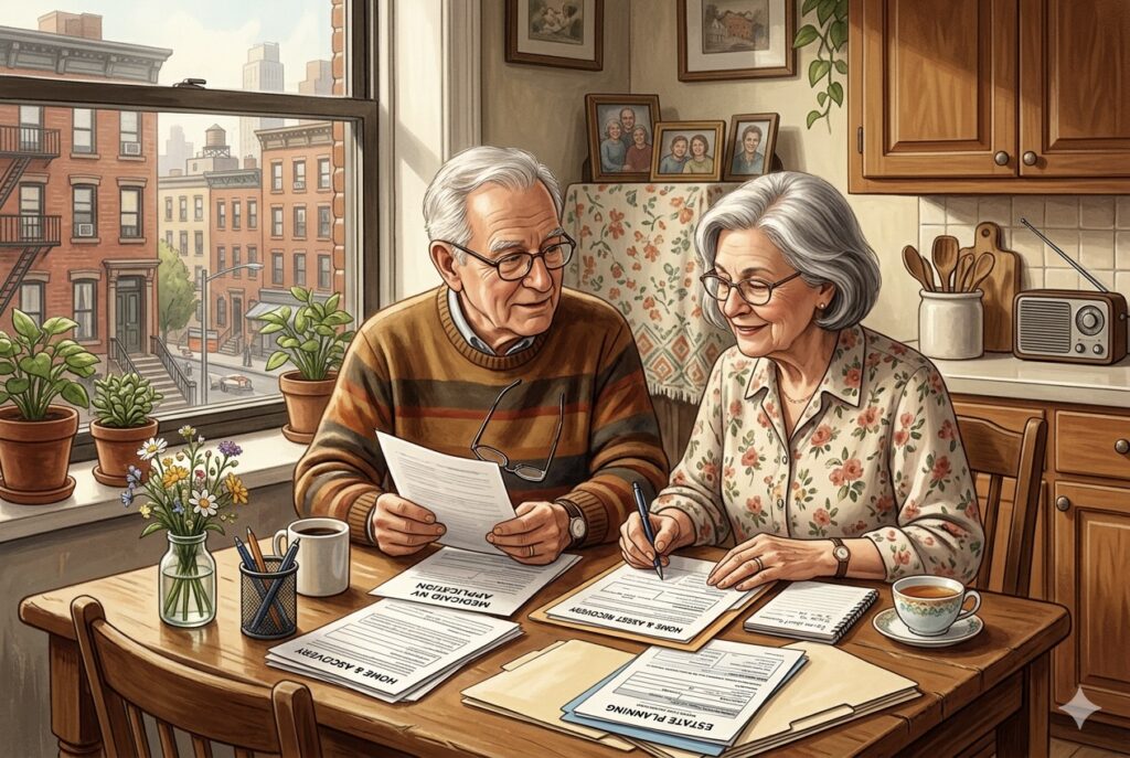 Elderly couple reviewing Medicaid planning documents at home in New York — 2026 asset protection guide