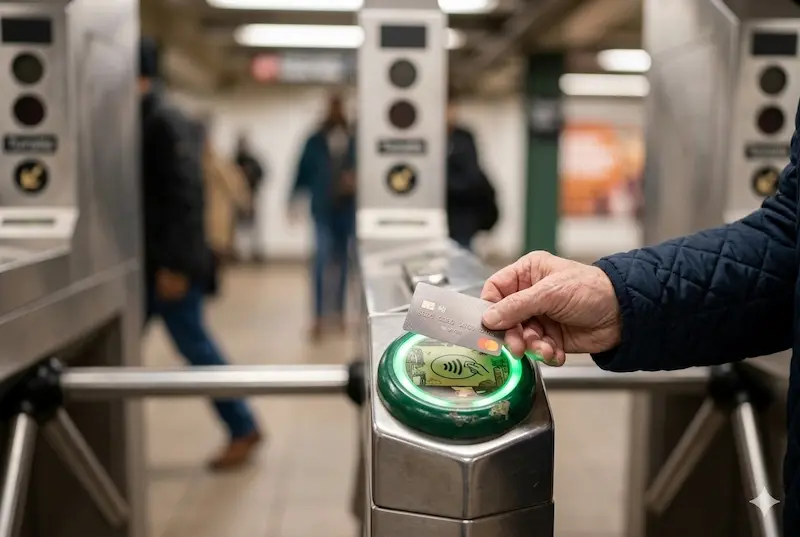 NYC Senior OMNY Contactless Payment 2026 NYC senior transportation discounts 2026 — senior tapping OMNY contactless card at subway turnstile