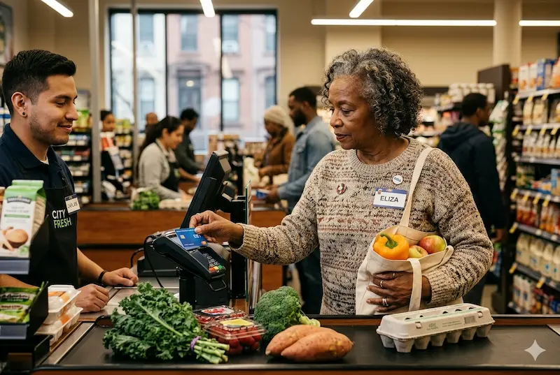 Elderly woman using an EBT card at a grocery store in New York City