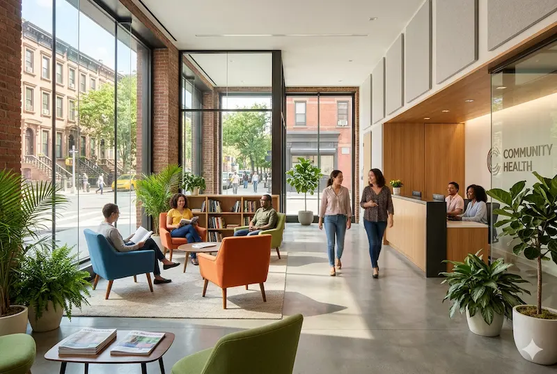 A modern and welcoming NYC community mental health center lobby offering resources for NYC Senior Medicaid