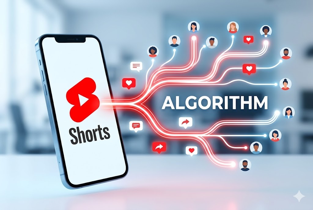 What is the YouTube Shorts Algorithm? What is the YouTube Shorts algorithm concept illustration with smartphone and network lines