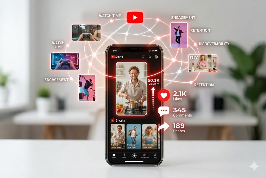 YouTube Shorts algorithm concept illustration showing a smartphone with vertical short videos, rising view counter, engagement icons, and algorithm network connections.