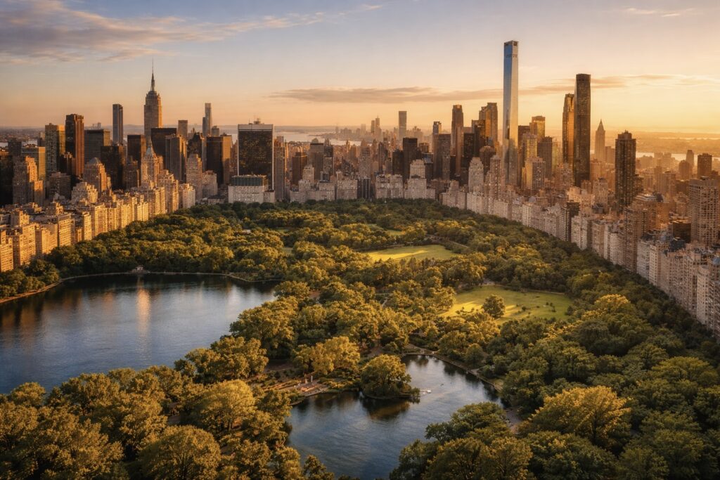 뉴욕 센트럴파크 전경 — 맨해튼 빌딩 숲 속 843에이커 공원