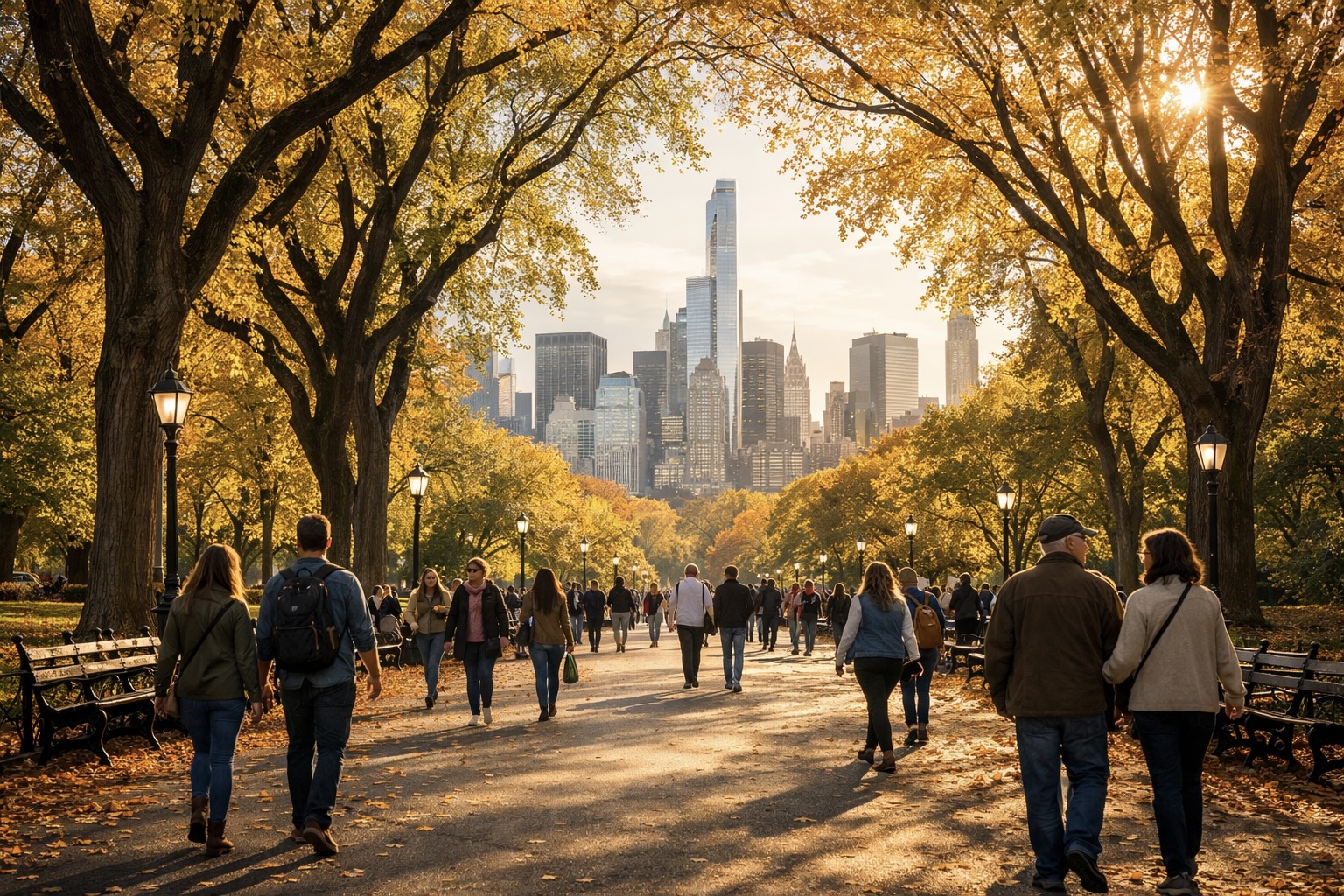 Central Park The Mall Central Park The Mall tree-lined path autumn golden light Manhattan
