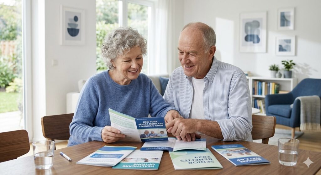 Senior couple reviewing Medicare and Medicaid options in New York
