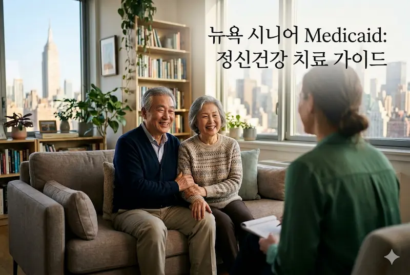 뉴욕 시니어 Medicaid 정신건강 치료 가이드를 안내받으며 미소 짓는 노부부와 상담사의 모습