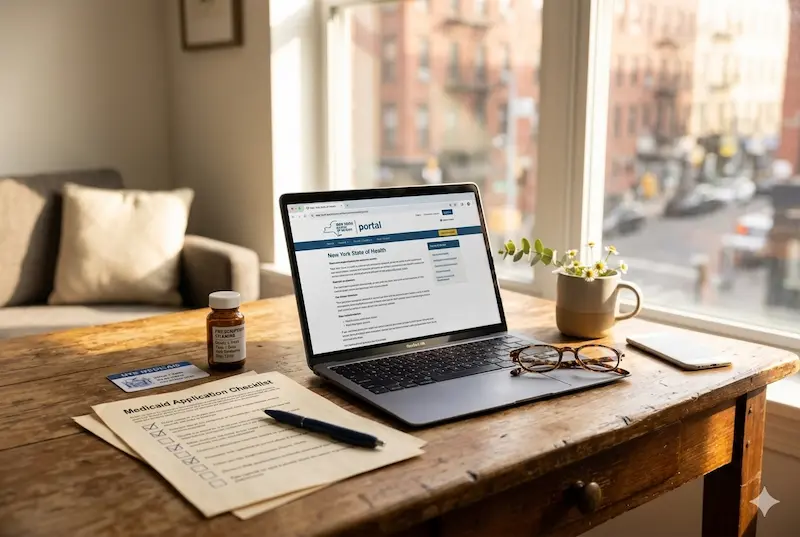 뉴욕 시니어 Medicaid 신청 서류와 노트북이 놓인 따뜻한 책상 풍경