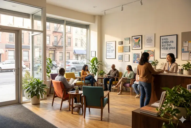 뉴욕시의 밝고 따뜻한 커뮤니티 정신 건강 센터 로비 전경