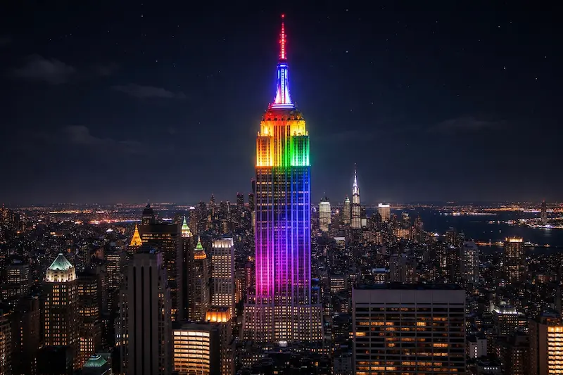 Empire State Building illuminated in vibrant rainbow colors (red, blue, green, purple, pink) against the iconic NYC Manhattan skyline at night, wide-angle view.