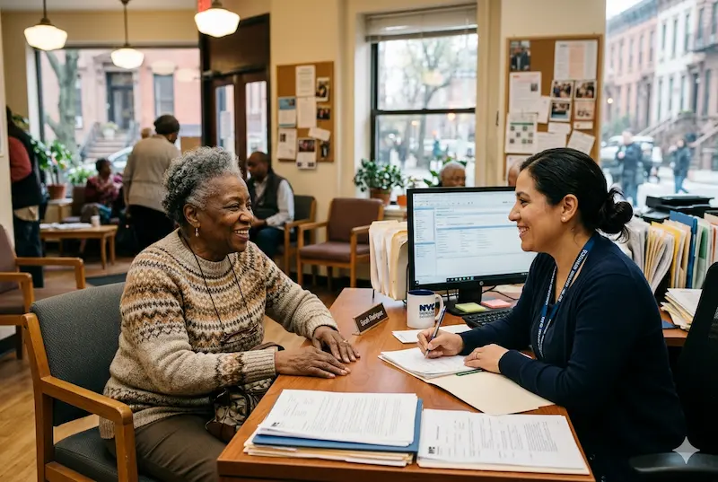Older adult receiving free benefits enrollment help at an NYC senior center