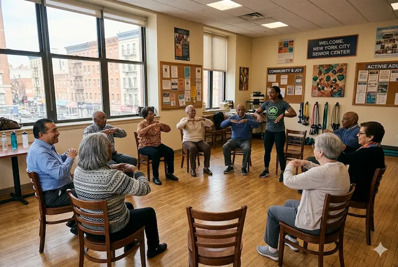 Diverse older adults participating in a free fitness class at an NYC senior center