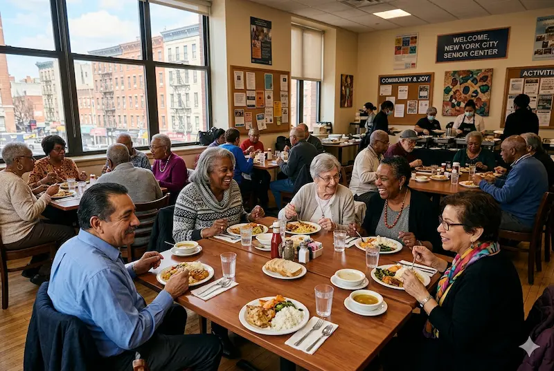 NYC senior centers: diverse older adults enjoying a free lunch program together
