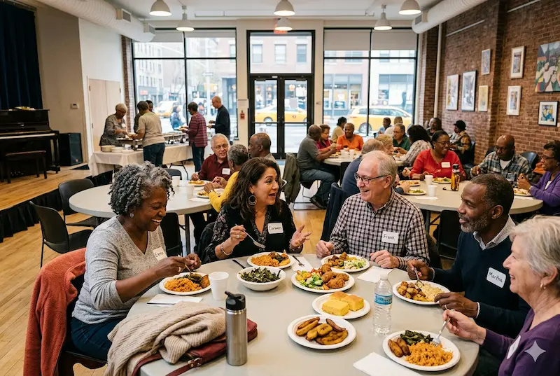 Diverse older adults socializing and sharing a meal at an NYC senior center