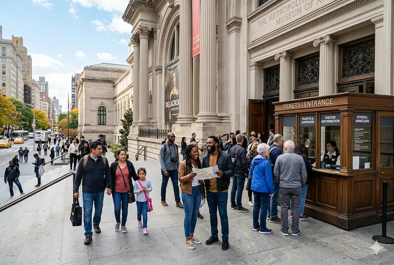 NYC museums free entry – visitors at a New York City museum entrance