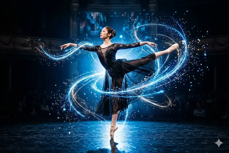 Ballet dancer surrounded by Gemini AI-generated light trails during the Google Our Queen is Back campaign performance