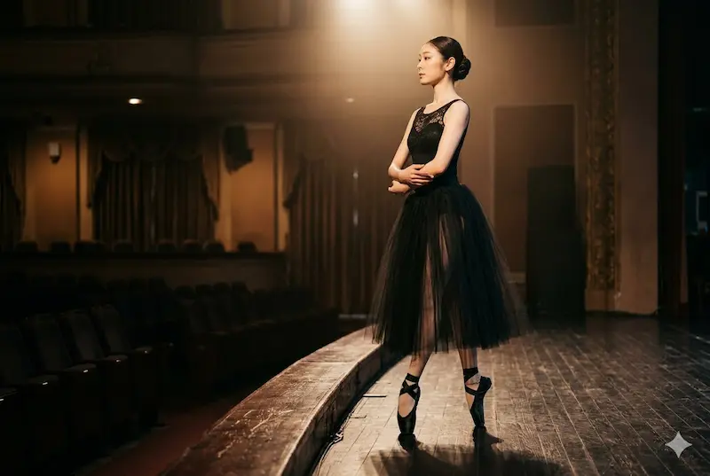 Ballet dancer in pointe shoes on stage representing Yuna Kim's physical transformation from figure skating to ballet