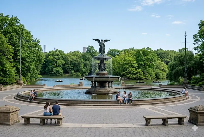 Bethesda Fountain and Terrace in Central Park NYC – a flat open terrace with lake views