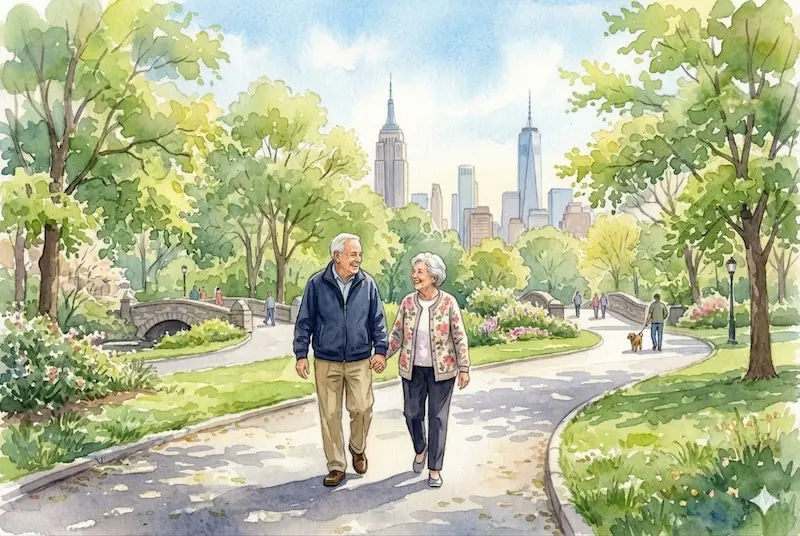 Central Park senior benefits – a couple enjoying a morning walk in Central Park, NYC